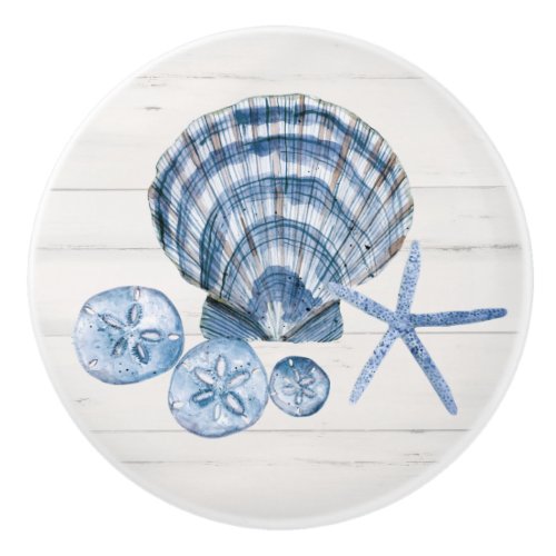 Coastal Beach Starfish Seashells Blue White Wood Ceramic Knob