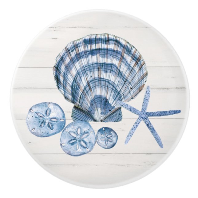 Coastal Beach Starfish Seashells Blue White Wood Ceramic Knob (Front)