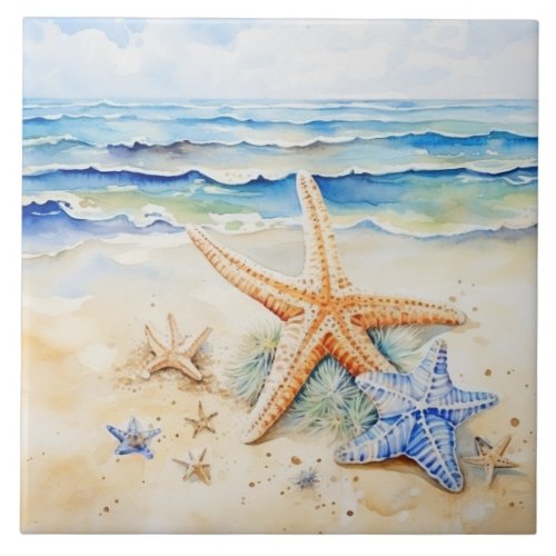 Coastal Beach Starfish Watercolor Ceramic Tile