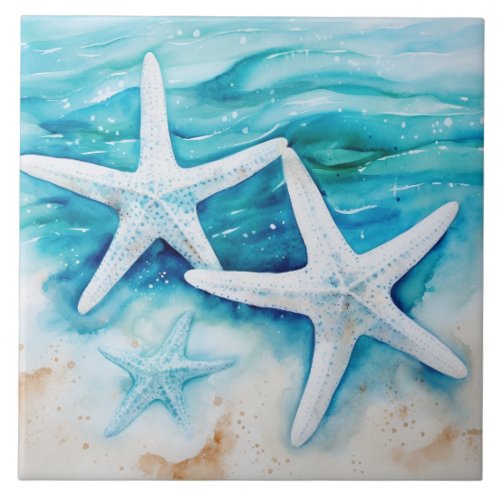 Coastal Beach Starfish Watercolor Ceramic Tile