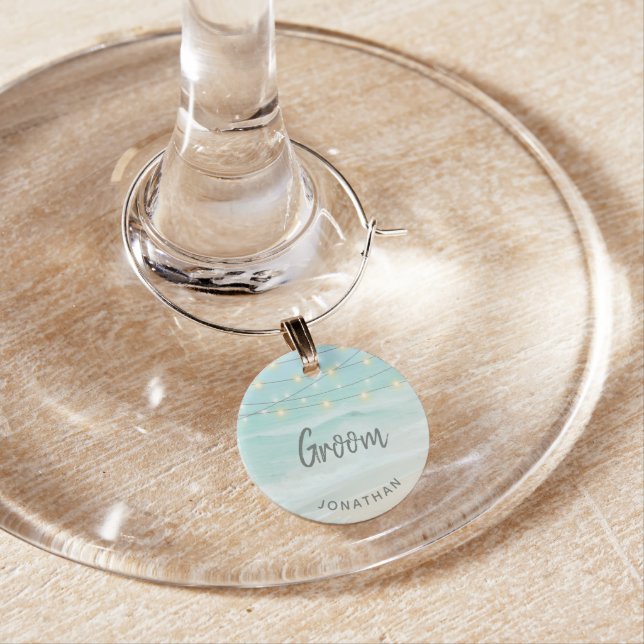 Coastal Beach String Lights Groom Wedding  Wine Charm (In Situ)