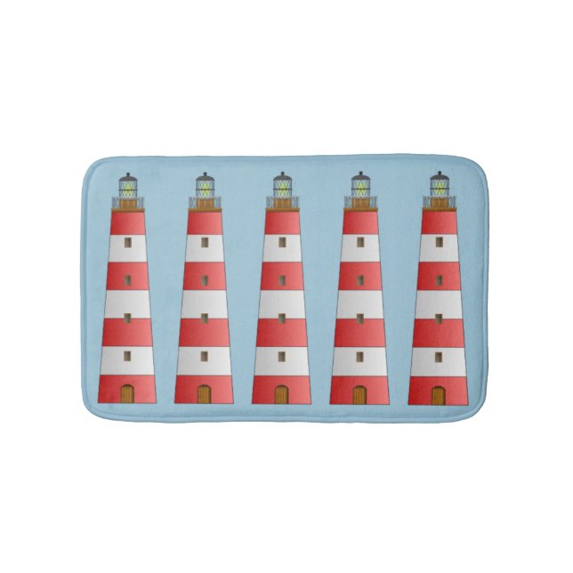 Coastal Beach Striped Lighthouse on Blue Bathroom Mat (Front)