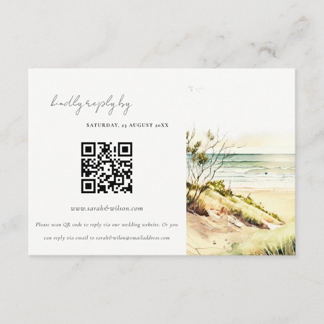 Coastal Beach Sun Seascape Wedding QR Code RSVP Enclosure Card (Front)