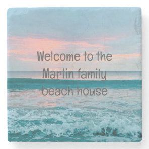 Coastal beach sunrise blue coaster personalized