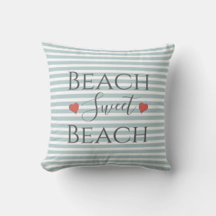 Coastal Beach Sweet Beach House Quote Aqua Striped Outdoor Pillow