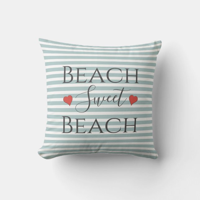 Coastal Beach Sweet Beach House Quote Aqua Striped Throw Pillow (Front)
