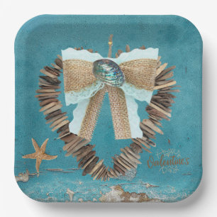Coastal Beach Theme Driftwood Heart Valentine Day  Paper Plates