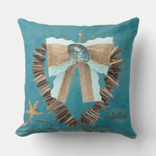 Coastal Beach Theme Driftwood Heart Valentine Day Throw Pillow