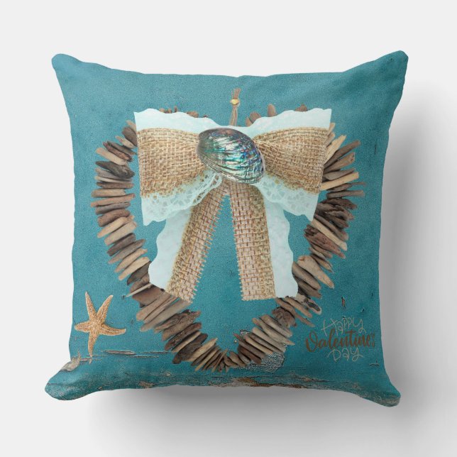 Coastal Beach Theme Driftwood Heart Valentine Day  Throw Pillow (Front)