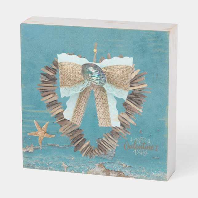 Coastal Beach Theme Driftwood Heart Valentine Day Wooden Box Sign (Angled Horizontal)