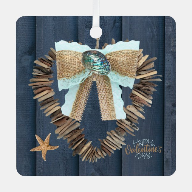 Coastal Beach Theme Driftwood Heart Valentines Day Metal Ornament (Front)