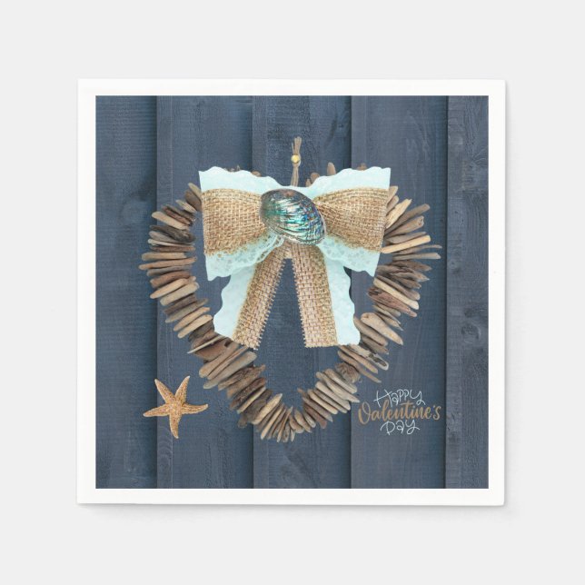 Coastal Beach Theme Driftwood Heart Valentines Day Napkins (Front)