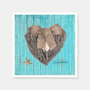Coastal Beach Theme Driftwood Heart Valentines Day Napkins