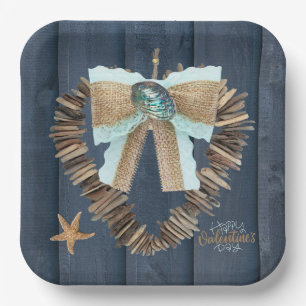 Coastal Beach Theme Driftwood Heart Valentines Day Paper Plates