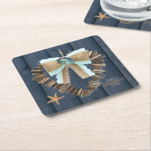 Coastal Beach Theme Driftwood Heart Valentines Day Square Paper Coaster