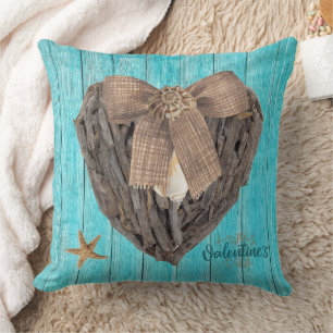 Coastal Beach Theme Driftwood Heart Valentines Day Throw Pillow