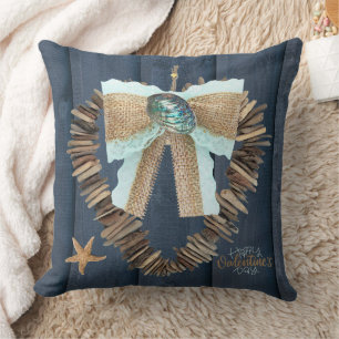 Coastal Beach Theme Driftwood Heart Valentines Day Throw Pillow
