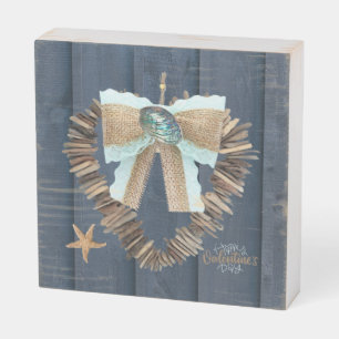 Coastal Beach Theme Driftwood Heart Valentines Day Wooden Box Sign