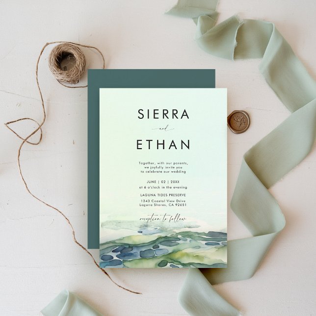 Coastal Beach Tide Pool Bold Green Modern Wedding Invitation (coastal wedding invitation rocky beach tide pool sea sage green ecru elegant romantic bright)