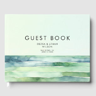 Coastal Beach Tide Pool Sea Green Stripes Wedding Guest Book