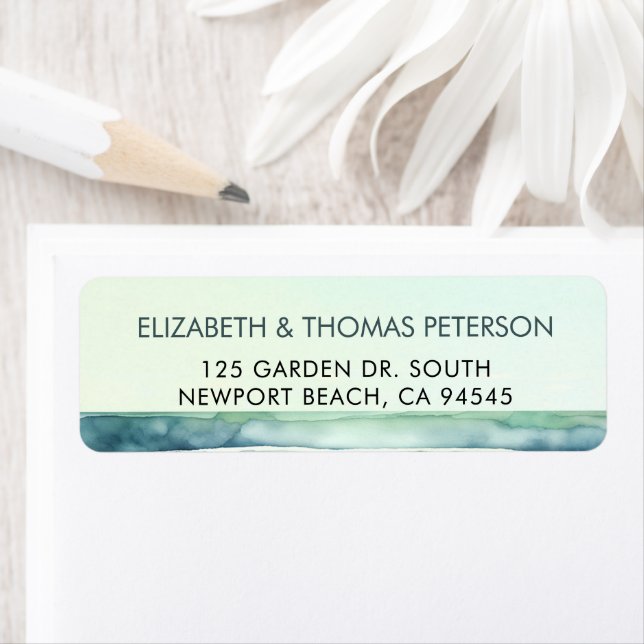Coastal Beach Tide Pool Sea Green Stripes Wedding Label (Insitu)