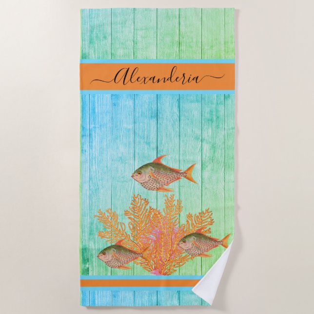 Coastal Beach Tropical Fish Teal Blue Coral Pink Towel (Front)