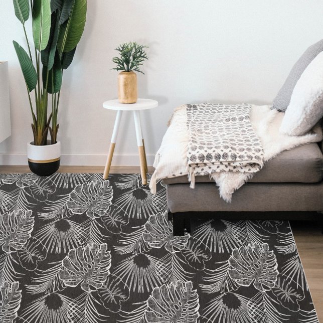 Coastal Beach Tropical Leaf Dark Black and White Rug (Creator Uploaded)