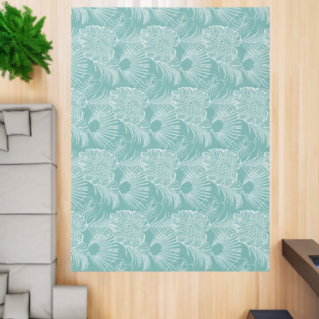 Coastal Beach Tropical Leaf Turquoise Blue White Rug (Insitu (Indoor 2))
