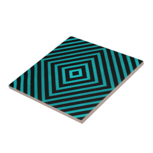 Coastal Beach Turquoise Wave Diamond On Black  Ceramic Tile
