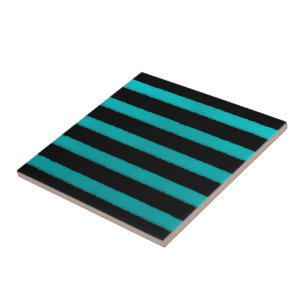 Coastal Beach Turquoise Wave Stripes On Black Ceramic Tile