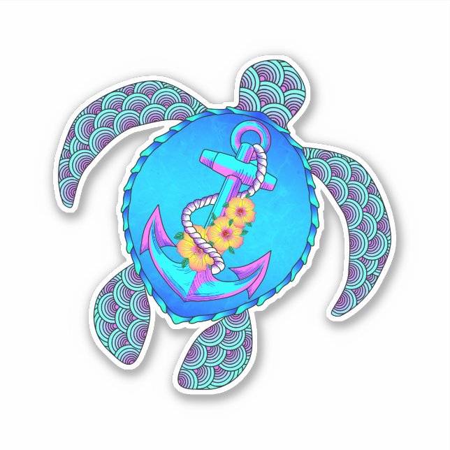 Coastal Beach Turtle Anchor Sticker (Front)