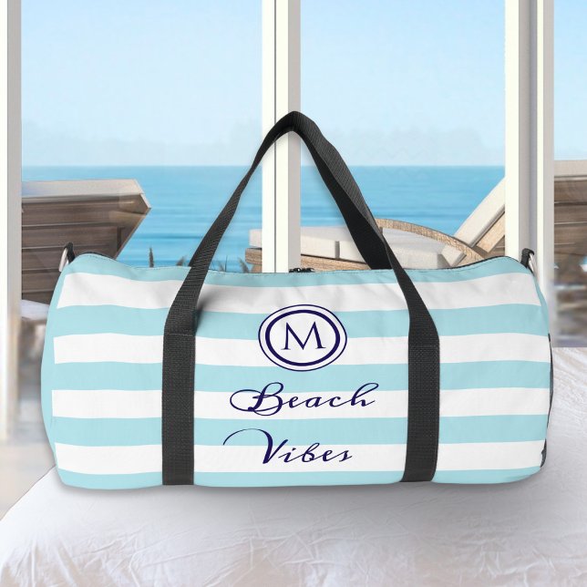 Coastal Beach Vibe Nautical Stripes Monogrammed Duffle Bag (A monogrammed duffel bag in light blue and white striped design, with 'Beach Vibes' script caption)