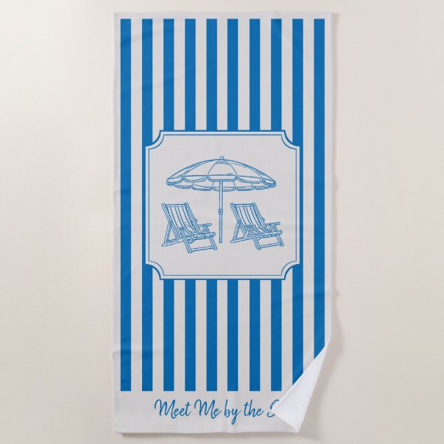 Coastal Beach Vibes Blue Stripes Beach Towel (Front)