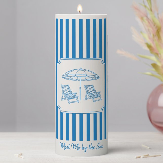 Coastal Beach Vibes Blue Stripes  Pillar Candle (In Situ)