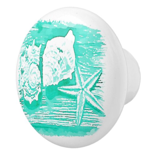 coastal beach watercolor teal seashell starfish ceramic knob