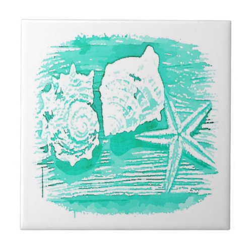 coastal beach watercolor teal seashell starfish ceramic tile