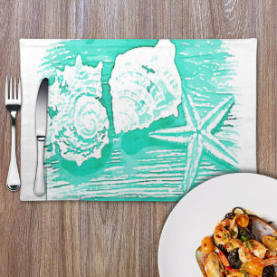 coastal beach watercolor teal seashell starfish cloth placemat