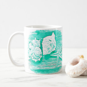 coastal beach watercolor teal seashell starfish coffee mug