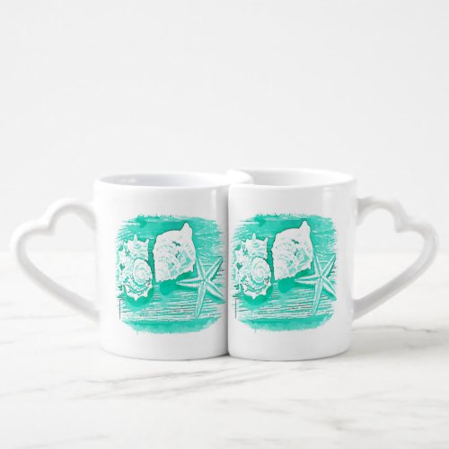 coastal beach watercolor teal seashell starfish coffee mug set