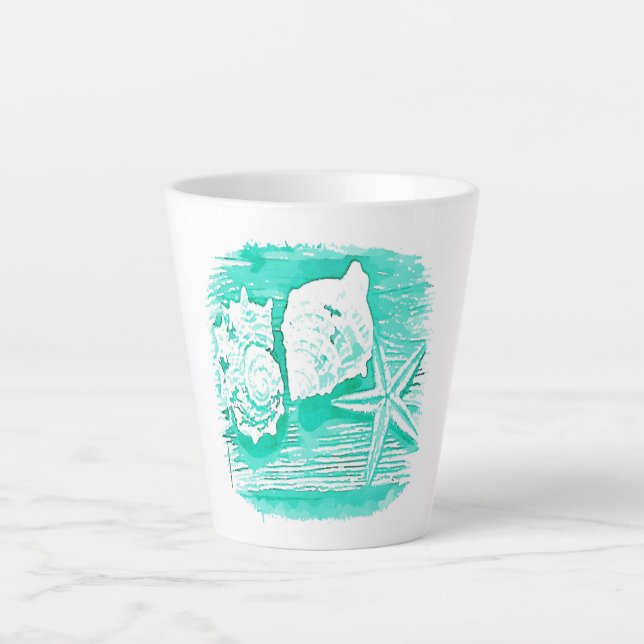 coastal beach watercolor teal seashell starfish latte mug (Front)