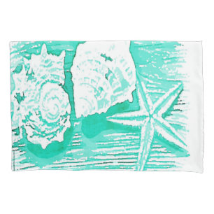 coastal beach watercolor teal seashell starfish pillow case