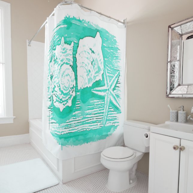 coastal beach watercolor teal seashell starfish shower curtain (In Situ)
