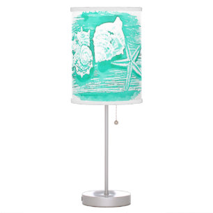 coastal beach watercolor teal seashell starfish table lamp