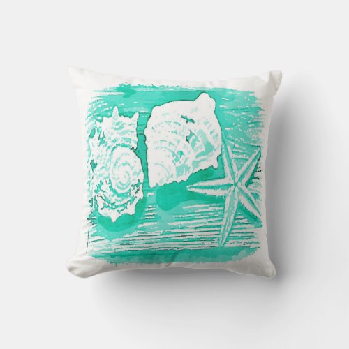 coastal beach watercolor teal seashell starfish throw pillow