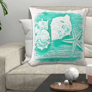 coastal beach watercolor teal seashell starfish throw pillow