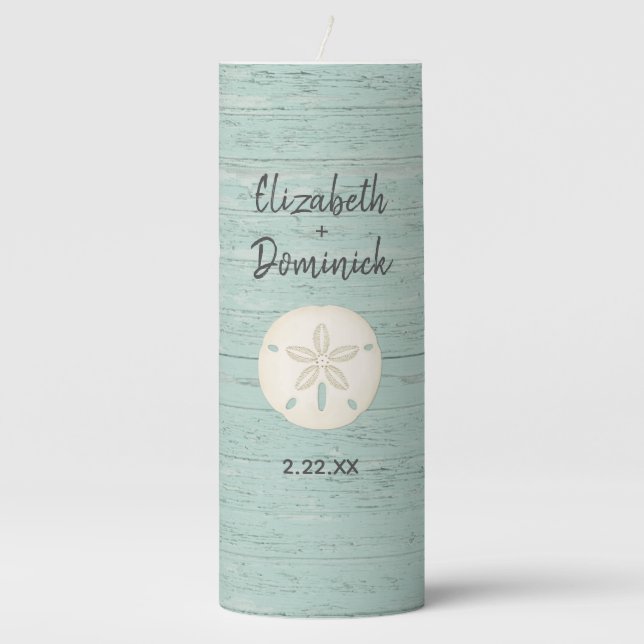 Coastal Beach Wedding Sand Dollar Pillar Candle (Front)