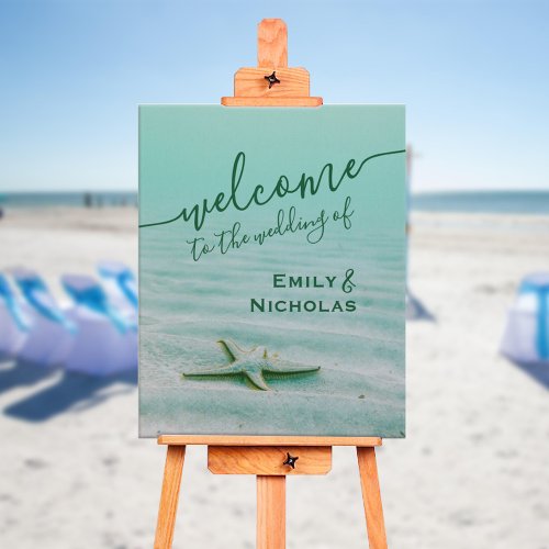 Coastal Beach Wedding Starfish Sea Green Welcome  Faux Canvas Print