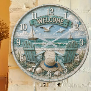 Coastal Beach Welcome Nautical Ocean Decor  Large Clock