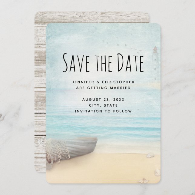 Coastal Beach with Boat Wedding Save The Date (Front/Back)