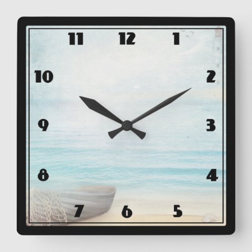 Coastal Beach with Wood Rowboat  Fishing Net Square Wall Clock